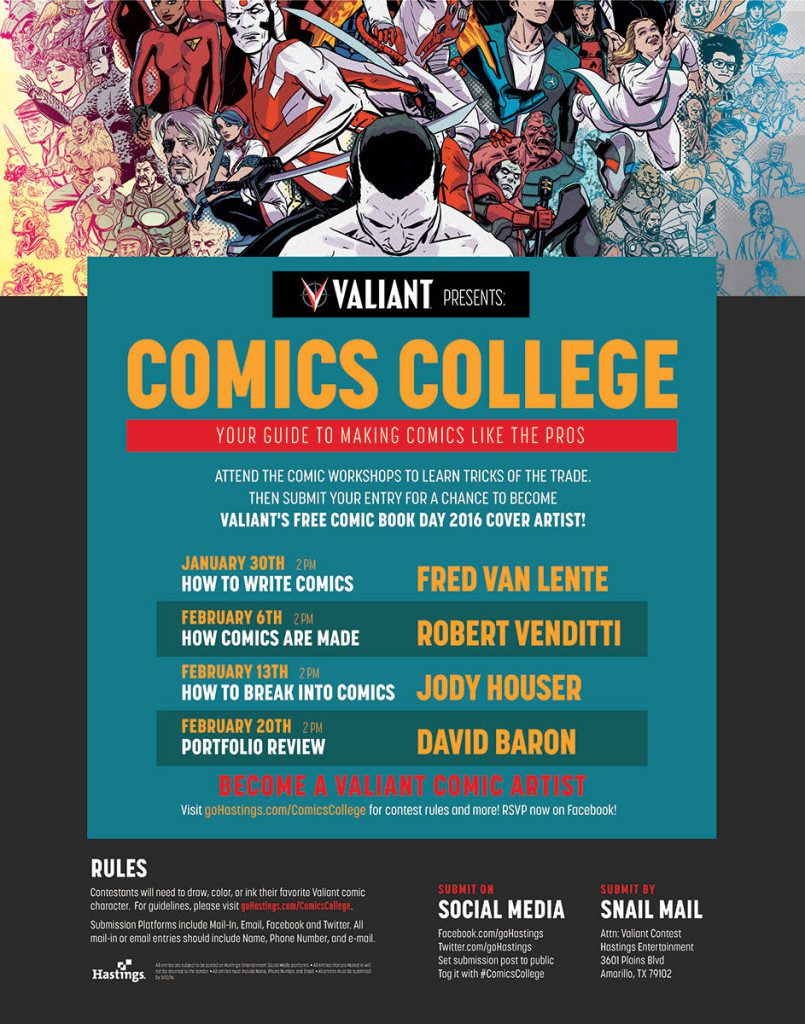 Hastings and Valiant Present “Comics College” – A Weekly Instructional Workshop Beginning January 30th