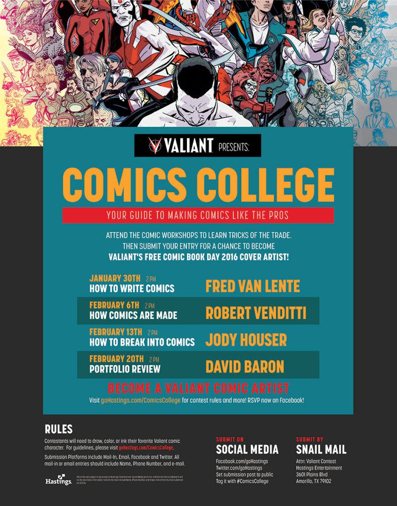 Hastings and Valiant Present “Comics College” – A Weekly Instructional Workshop Beginning January 30th Hastings and Valiant Present “Comics College” – A Weekly Instructional Workshop Beginning January 30th