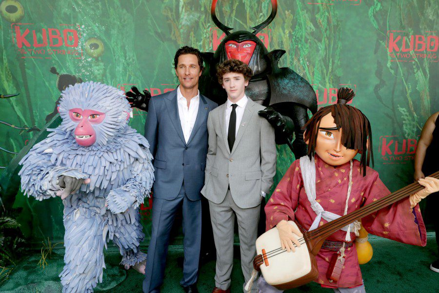Monkey, Matthew McConaughey, Art Parkinson, Beetle and Kubo seen at Focus Features Los Angeles Premiere of LAIKA "Kubo and The Two Strings" on Sunday, Aug. 14, 2016, in Universal City, Calif. (Photo by Eric Charbonneau/Invision for Focus Features/AP Images)